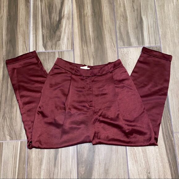 H&M Satin Relaxed Fit Cropped tapered leg cuffed hem pants Burgundy size 6 - Picture 7 of 13